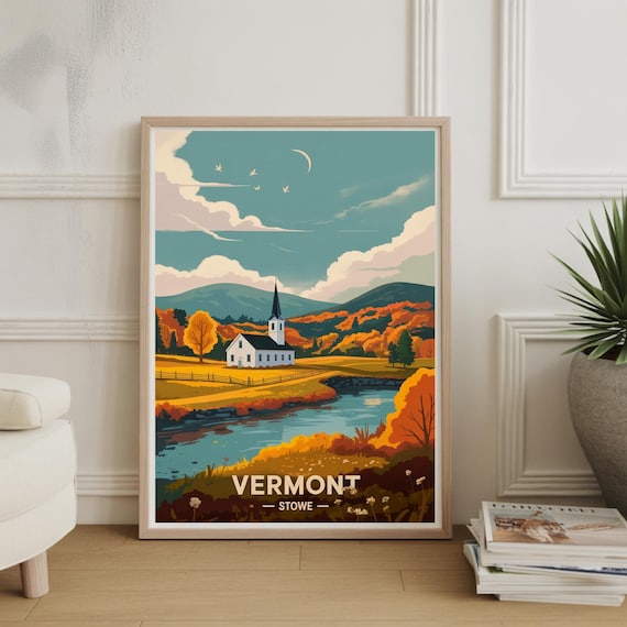 Vermont Stowe Autumn Church River Fall Foliage Travel Poster