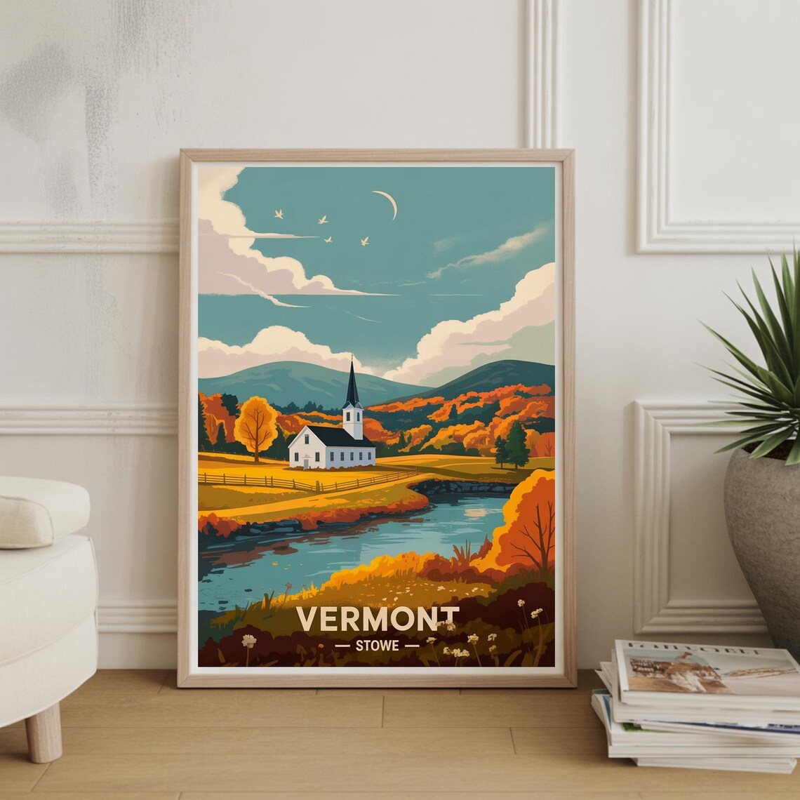 Vermont Stowe Autumn Church River Fall Foliage Travel Poster