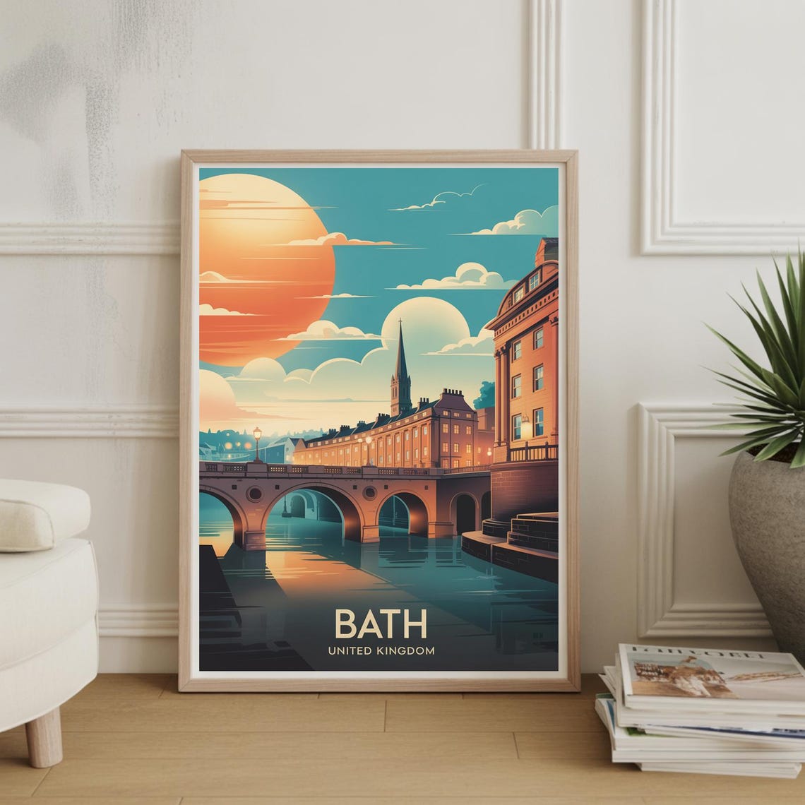 Bath United Kingdom Sunset Riverside Bridge Vintage Travel Poster
