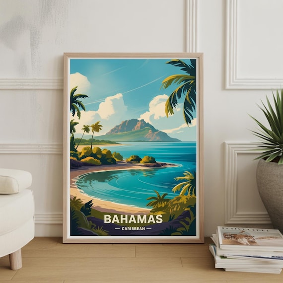 Bahamas Caribbean Turquoise Bay Palm Trees Travel Vintage Style Poster