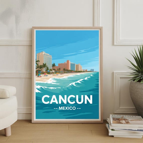 Cancun Cityscape Art Poster Mexico Coastal Landscape Travelinspired Wall Decor Home Office Artwork