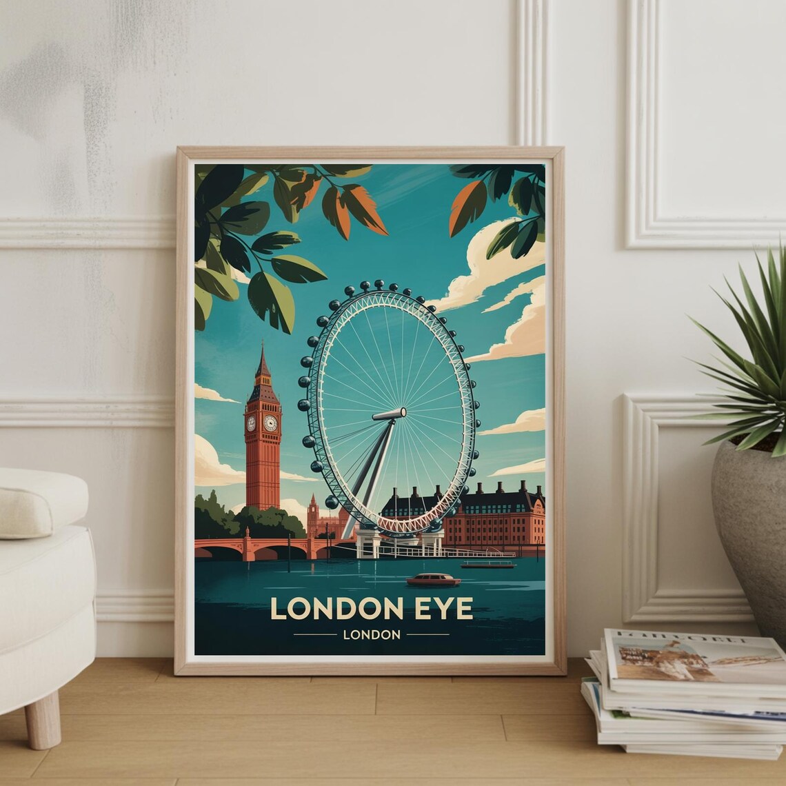 London Eye Ferris Wheel Big Ben Vintage London Travel Poster