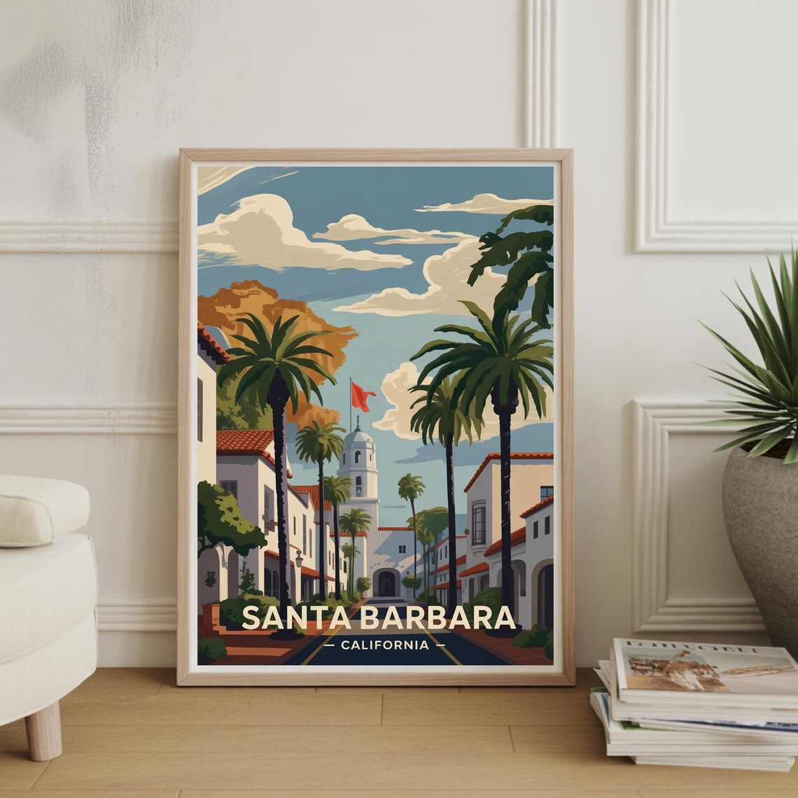 Santa Barbara California Vintage Palm Tree Coastal Travel Poster