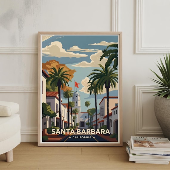 Santa Barbara California Vintage Palm Tree Coastal Travel Poster