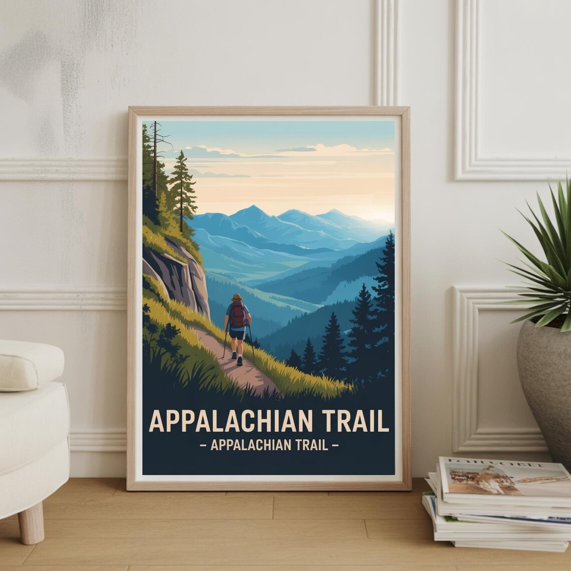 Appalachian Trail Hiker on Scenic Mountain Path Sunrise Vintage Travel Poster