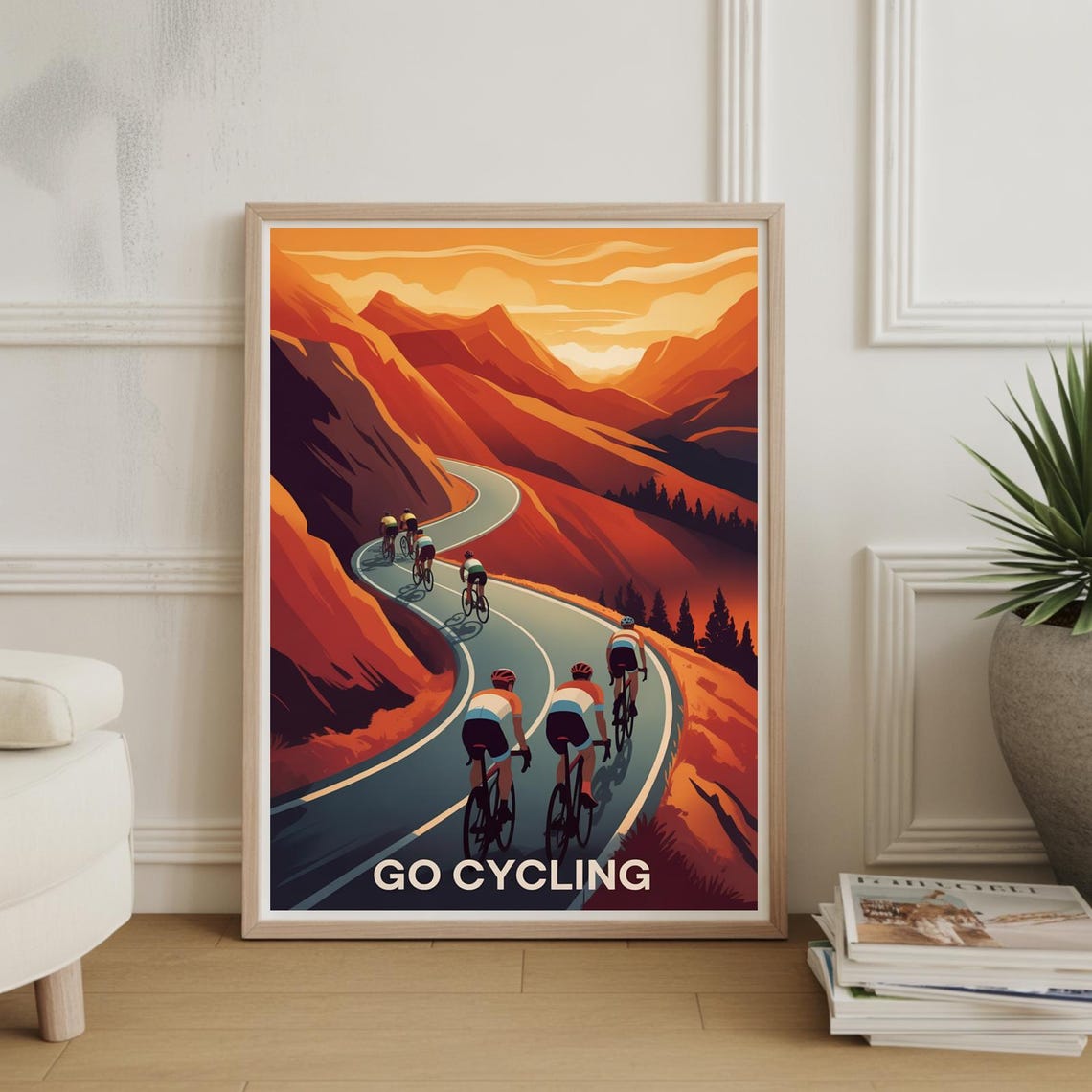 Go Cycling Retro Poster Cyclists Climbing a Winding Mountain Road
