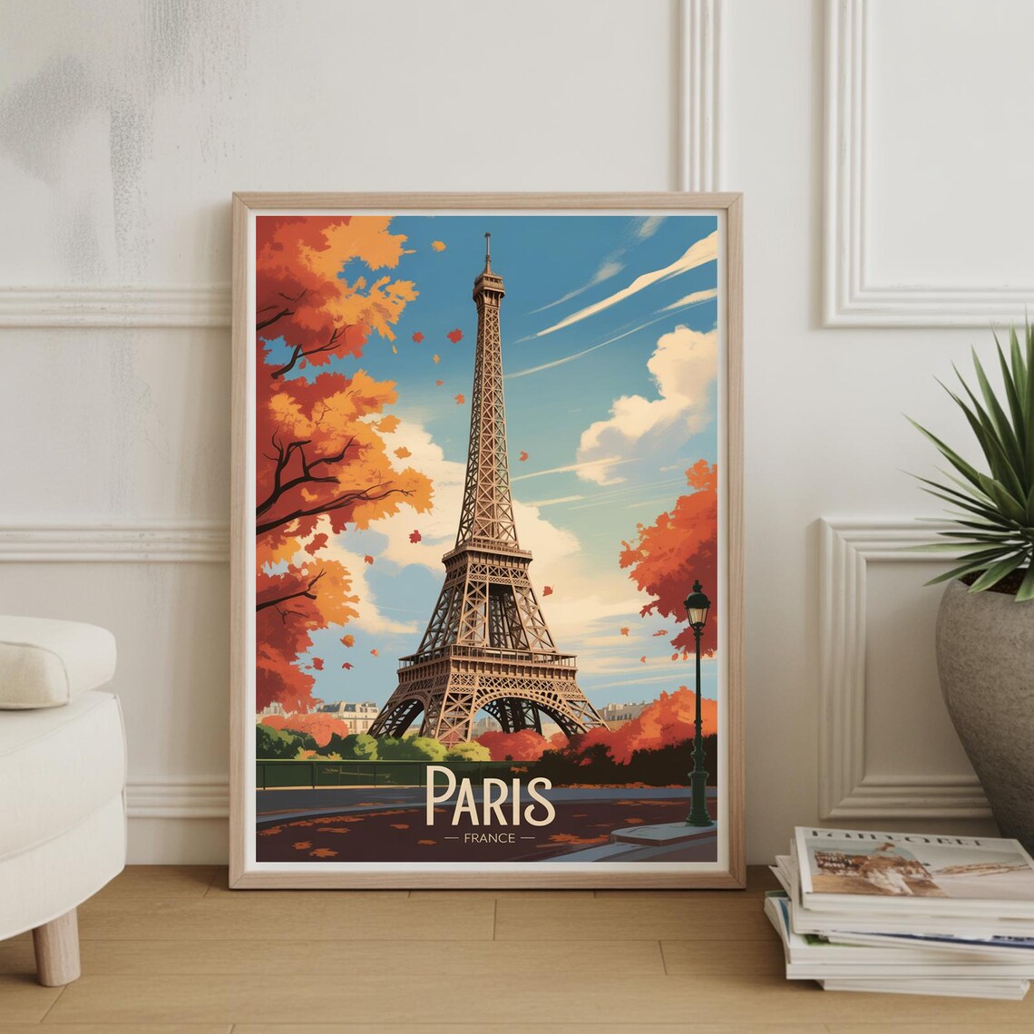 Paris France Eiffel Tower Autumn Leaves Vintage Travel Poster