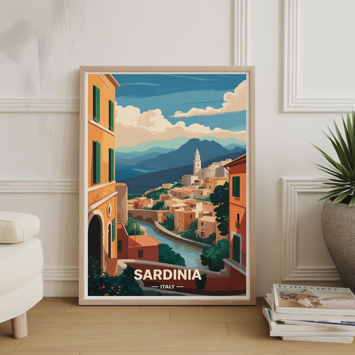 Sardinia Italy Colorful Hilltop Town River Church Retro Travel Poster