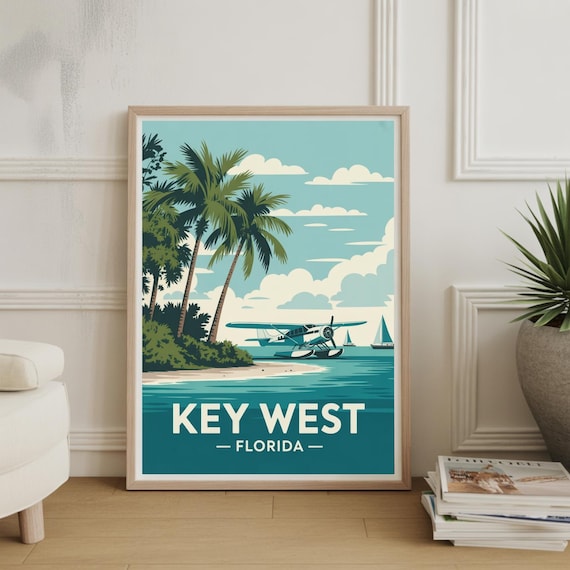 Key West Florida Seaplane Palm Trees Retro Coastal Travel Poster
