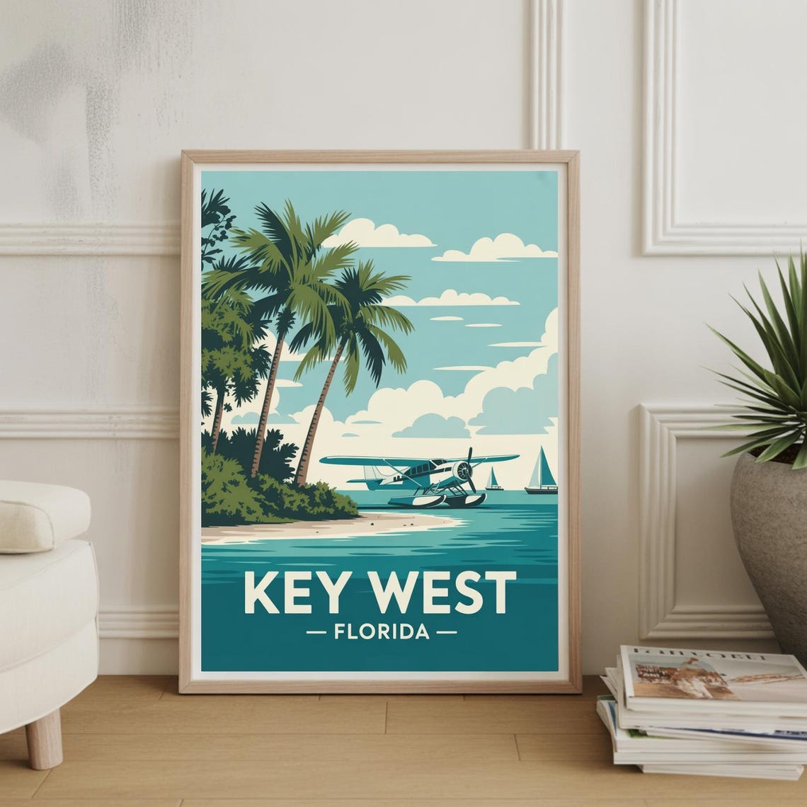 Key West Florida Seaplane Palm Trees Retro Coastal Travel Poster