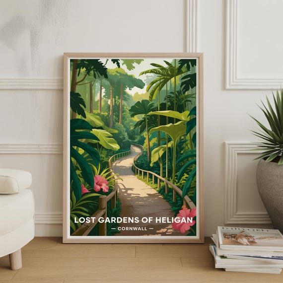Cornwall Travel Poster Lost Gardens Of Heligan Eden Project Art Botanical Wall Decor Fowey Mevagissey Scenic Print
