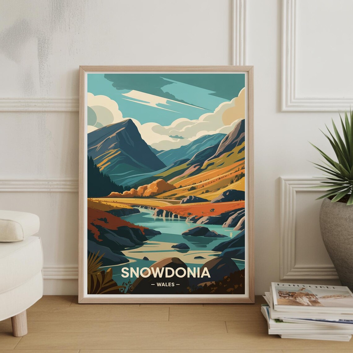 Snowdonia Wales Mountain Valley River Vintage Landscape Travel Poster