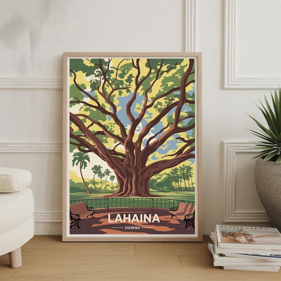 Lahaina Hawaii Historic Banyan Tree Midcentury Travel Poster