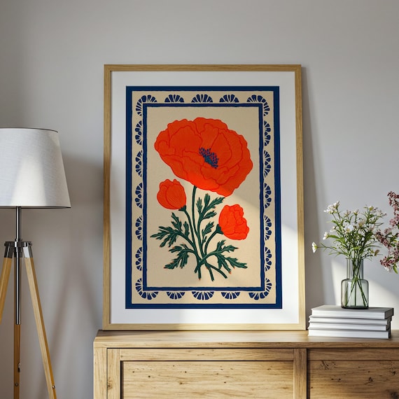 Orange Poppy Folk Art Print, Vintage Scandinavian Botanical