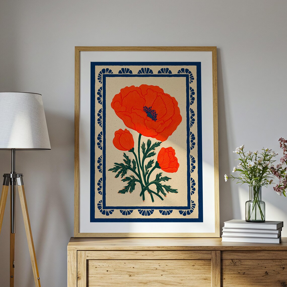 Orange Poppy Folk Art Print, Vintage Scandinavian Botanical