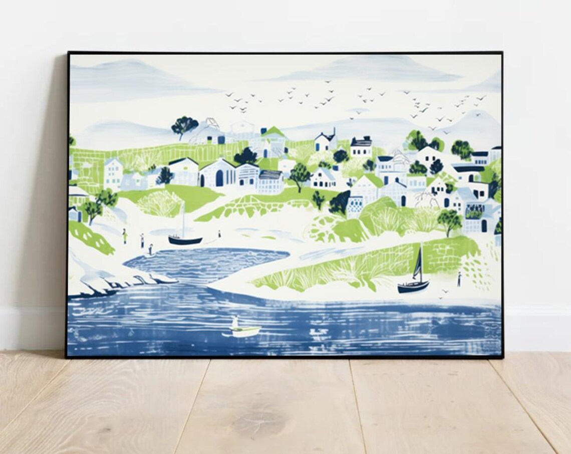 Coastal Village Green Hills Blue Harbor Illustration Art Poster - Image 2