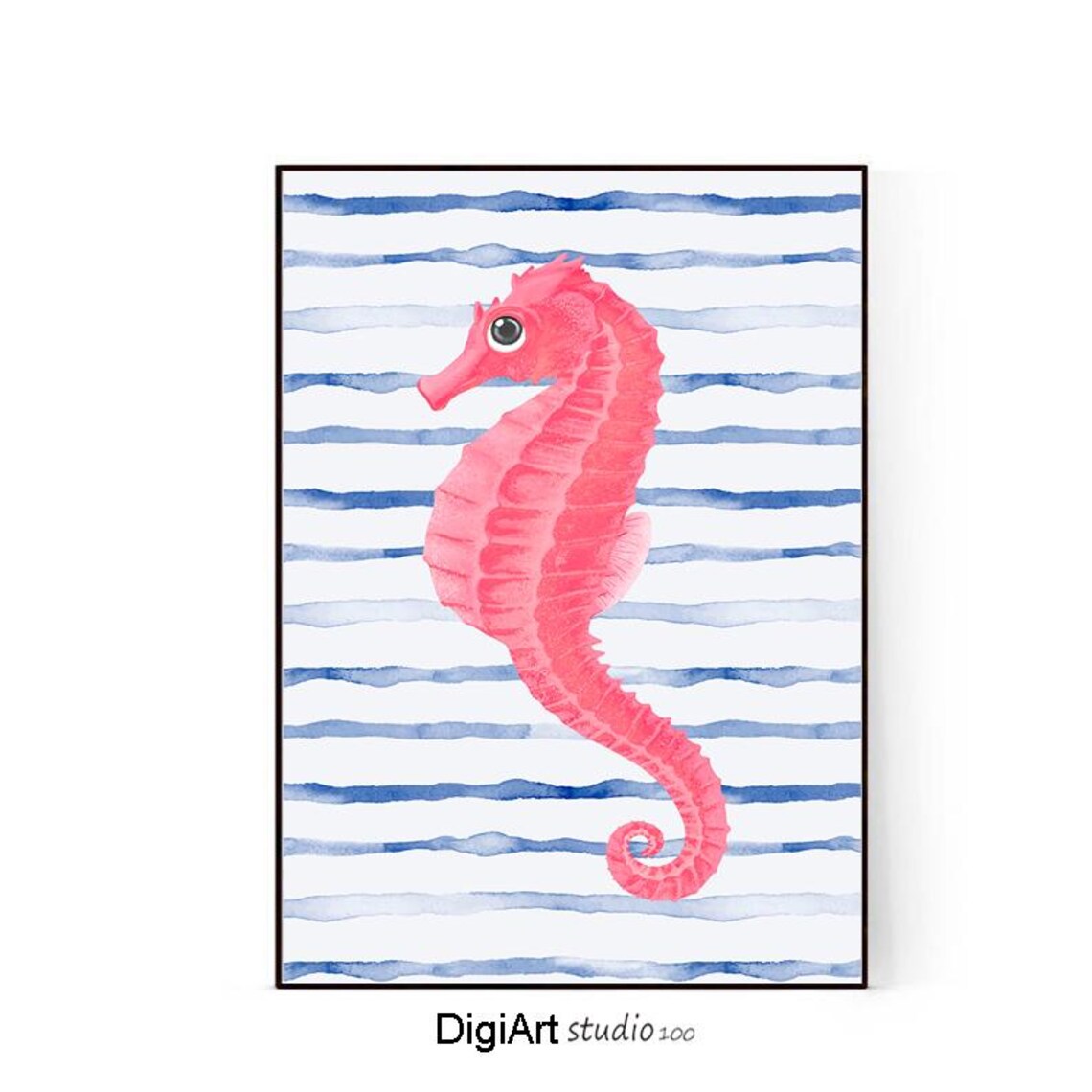 Pink Seahorse Watercolor Blue Striped Coastal Nursery Poster