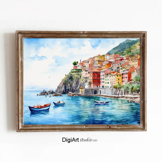 Italian Coastal Village Watercolor Cliffs Boats Mediterranean Poster
