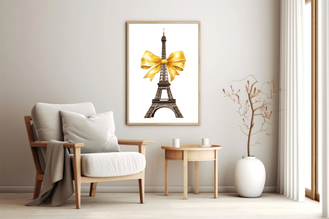 Eiffel Tower Tied with Big Gold Bow Paris Travel Watercolor Poster