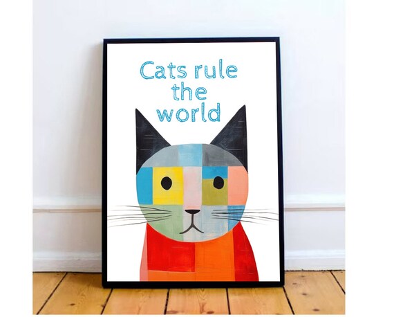 Cats Rule the World Geometric Patchwork Cat Funny Quote Poster