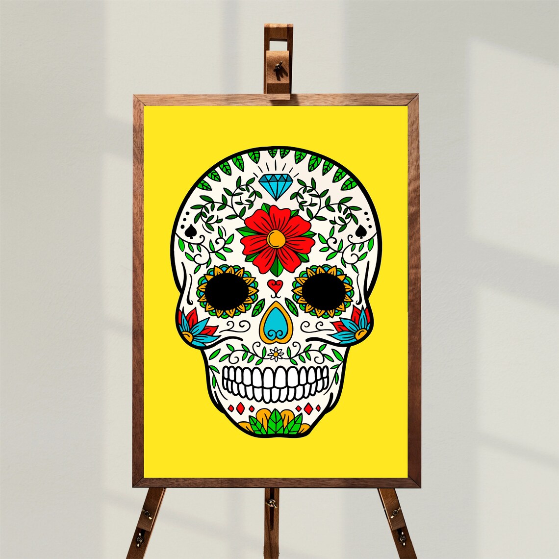Mexican Sugar Skull Day Of The Dead Yellow Floral Skull Poster