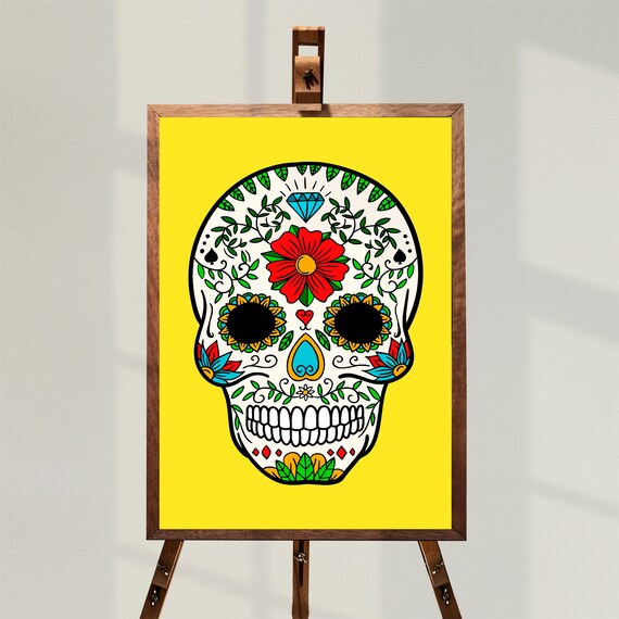 Mexican Sugar Skull Day Of The Dead Yellow Floral Skull Poster
