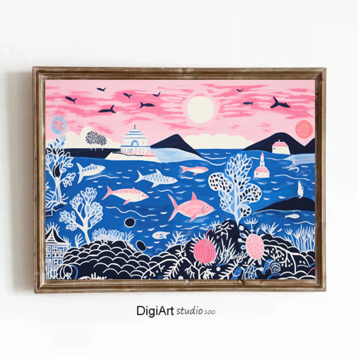 Colorful Seascape Fish Lighthouse Pink Sky Folk Art Decor Poster