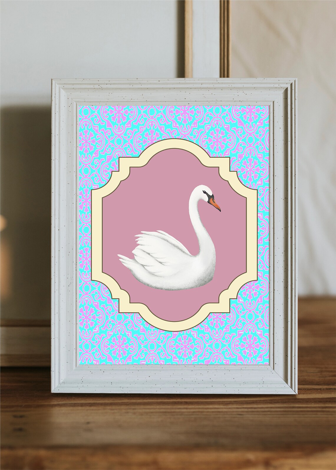 White Swan Vintage Illustration Pink Turquoise Preppy Nursery Print
