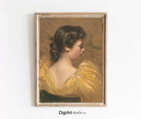 Seated Woman Yellow Dress Profile Vintage Oil Painting Poster