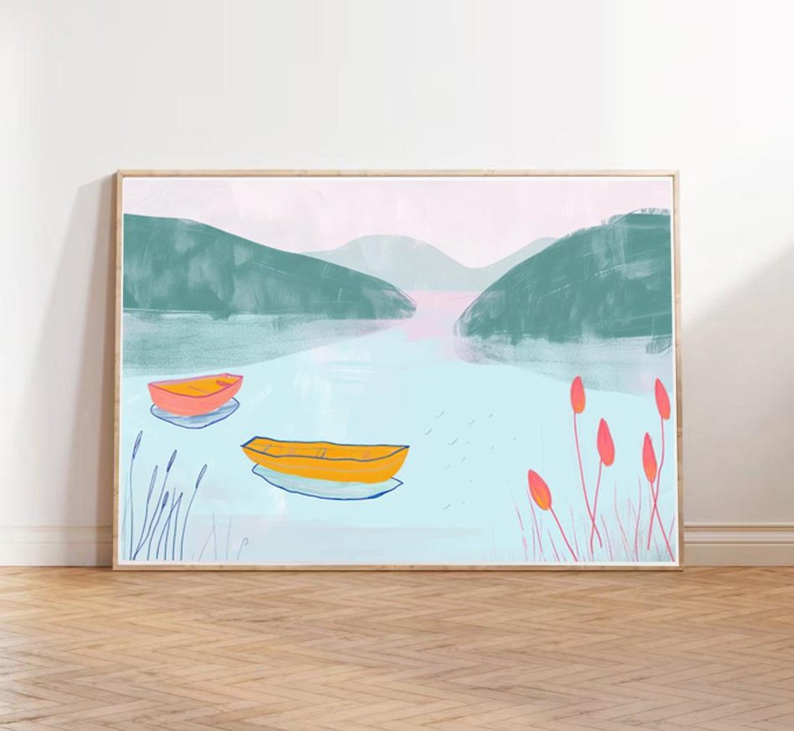 Canoes On Serene Lake Mountain Minimal Pastel Watercolor Art Poster