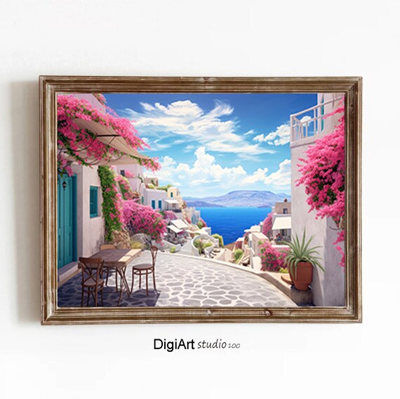 Colorful Landscape Greece Travel Greek Island Print Coastal Decor Bougainvillea Print Mediterranean Architecture