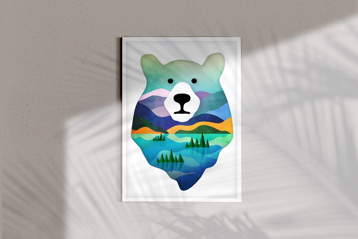 Bear Head Double Exposure Mountain Lake Pine Forest Landscape Poster - Image 2