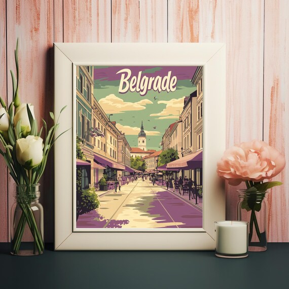 Vibrant Retro Illustration Of Belgrade Street Scene With Playful Typography For Instant Wall Art