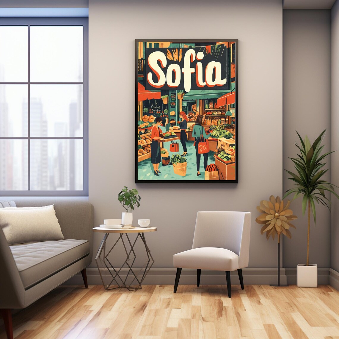 Sofia Fresh Produce Market Shoppers Retro Travel Poster with Women and Bright Stalls - Image 2