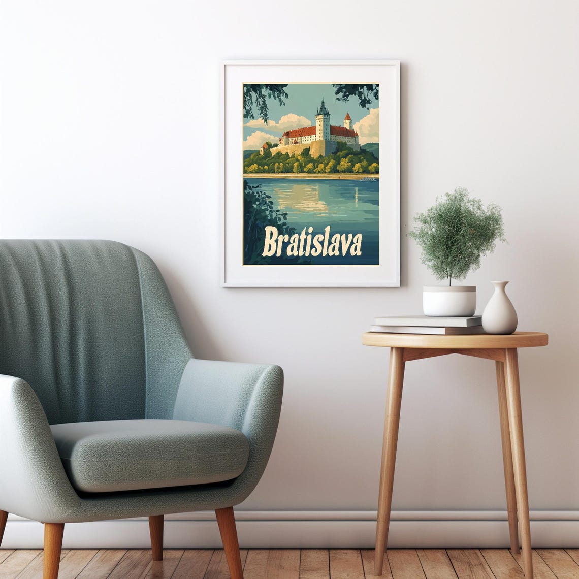 Bratislava Castle Illustration Vintage Style Wall Art Print Scenic River View Art For Instant - Image 2