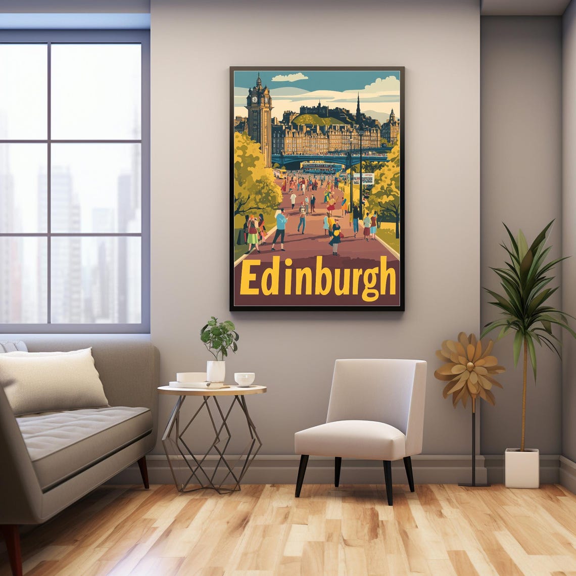 Vibrant Edinburgh Street Scene Illustration With Bold Edinburgh Typography Perfect For Wall Art And Instant - Image 3