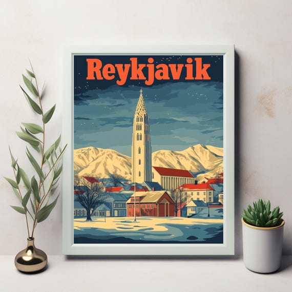 Reykjavik A Vintage Style Illustration Featuring Hallgrmskirkja Against Snowy Mountains Art Print