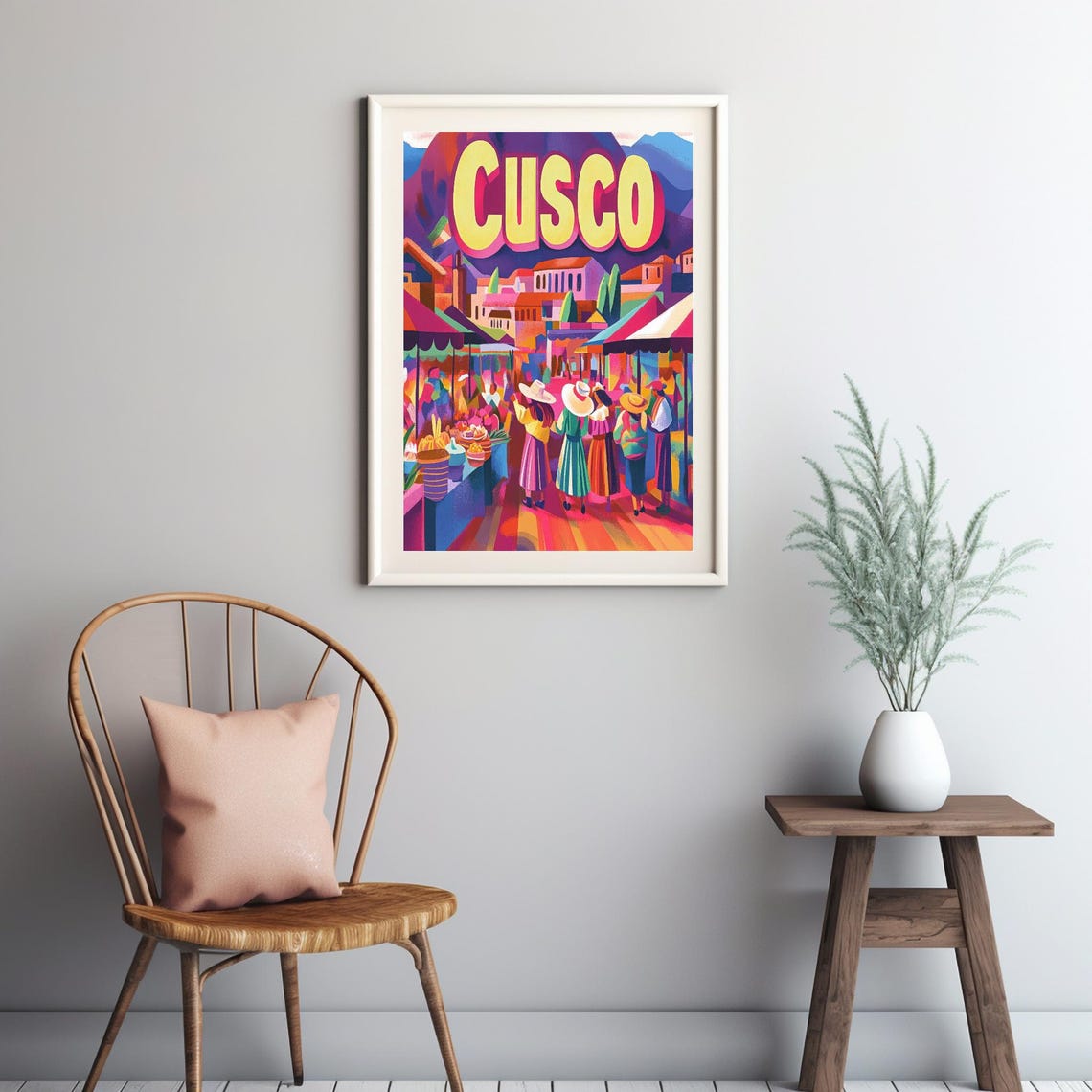 Vibrant Cusco Market Scene Colorful Art Print Featuring Traditional Attire And Scenic Mountains - Image 3