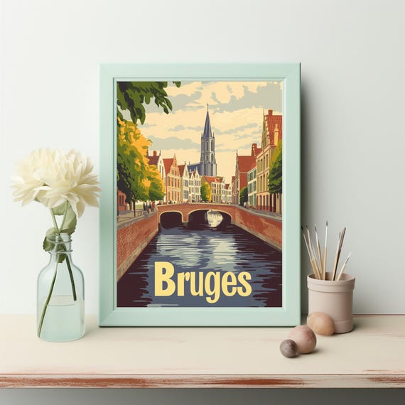 Vintage Bruges Canal Scene Serene Reflections And Charming Architecture In Retro Travel Poster Style