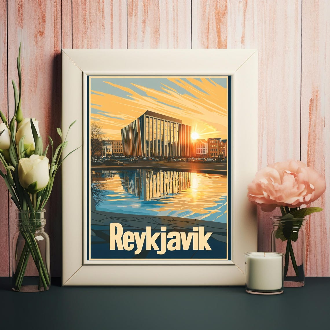 Reykjavik A Serene Sunset Reflection In Modern Architecture Art Print For Your Wall Art Collection