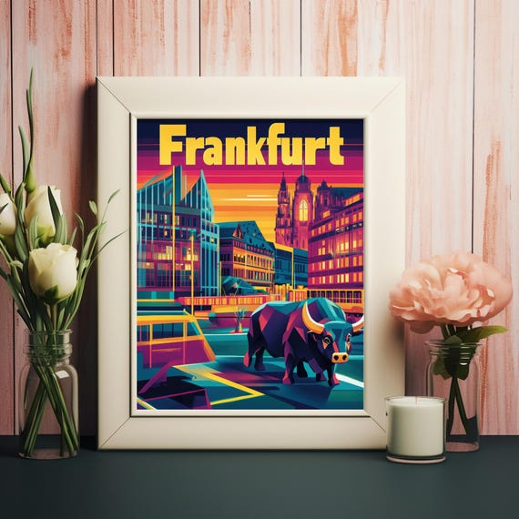 Vibrant Frankfurt Skyline Art A Geometric Bull And Modern Architecture In Bold Colors Art Print