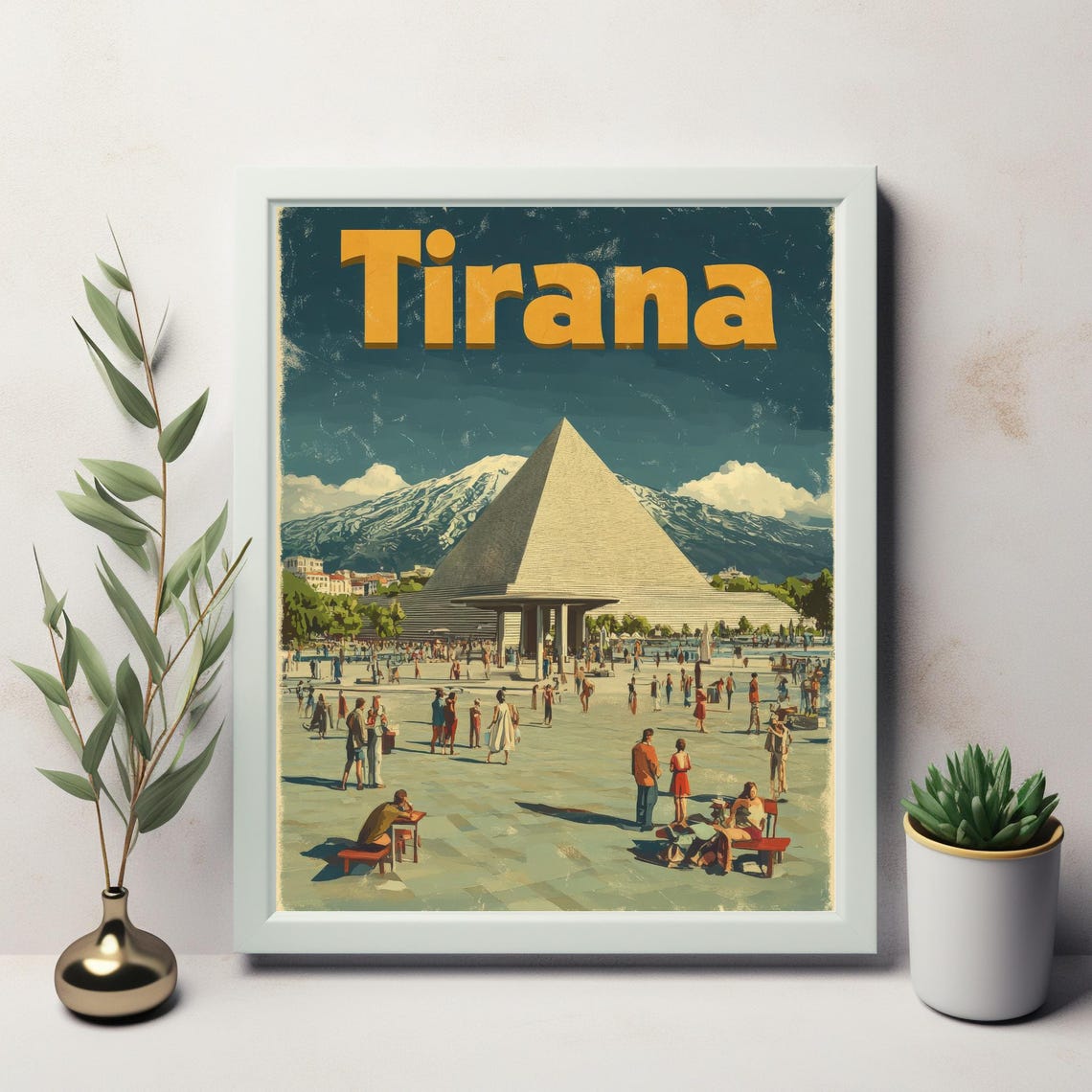 Vintage Inspired Art Of Tirana Featuring The Iconic Pyramid Structure And Snow Capped Mountains