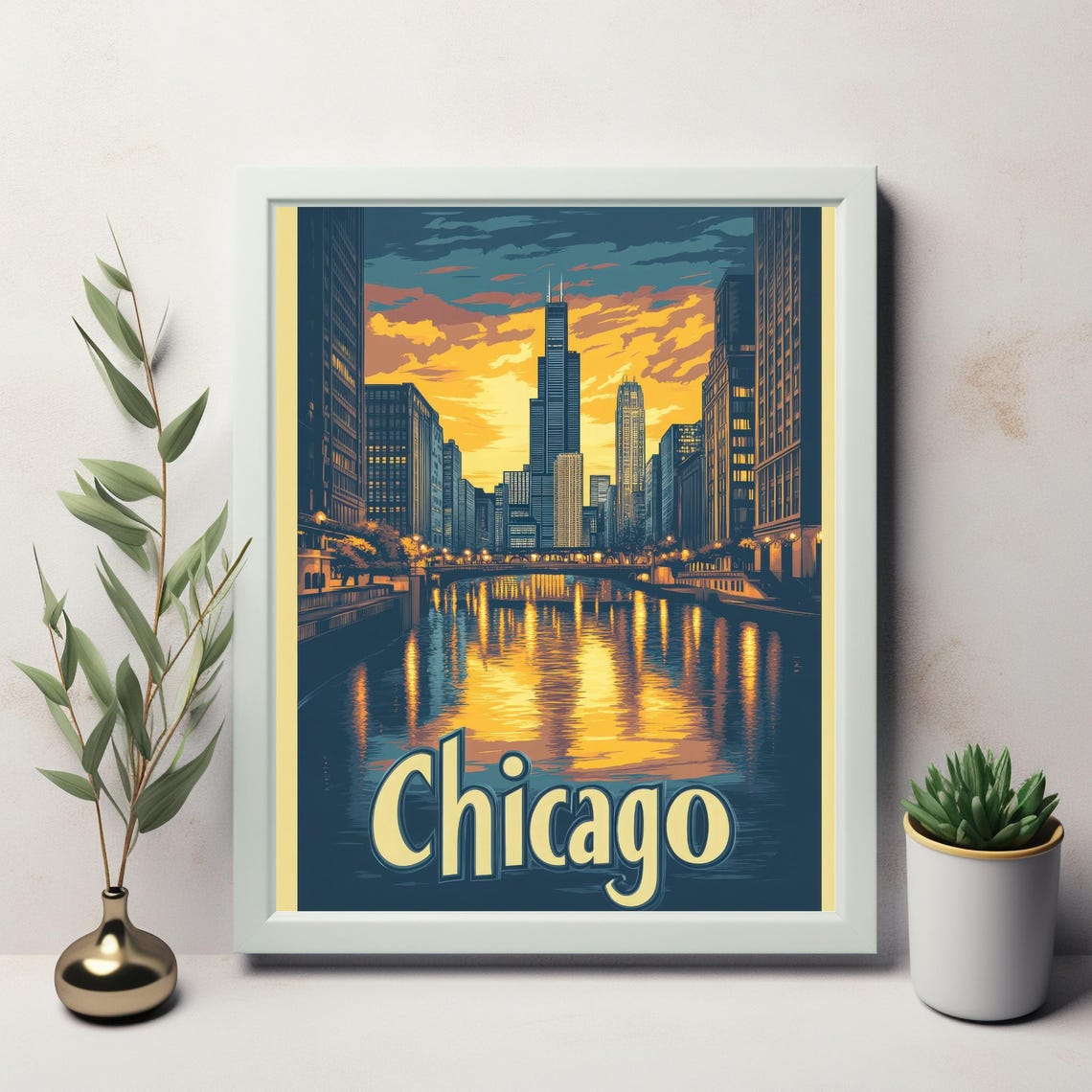 Chicago Skyline At Sunset Retro Vintage Travel Poster Style With Bold Chicago Typography Art Print