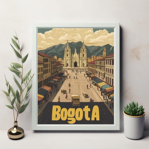 Vibrant Street Scene In Bogot Colombia Vintage Art With Market Stalls Cathedral And Mountains Wall Art