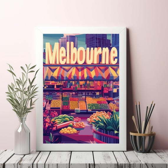 Vibrant Melbourne Market Scene With Colorful Produce And Bold Signage Art Print For Home Decor
