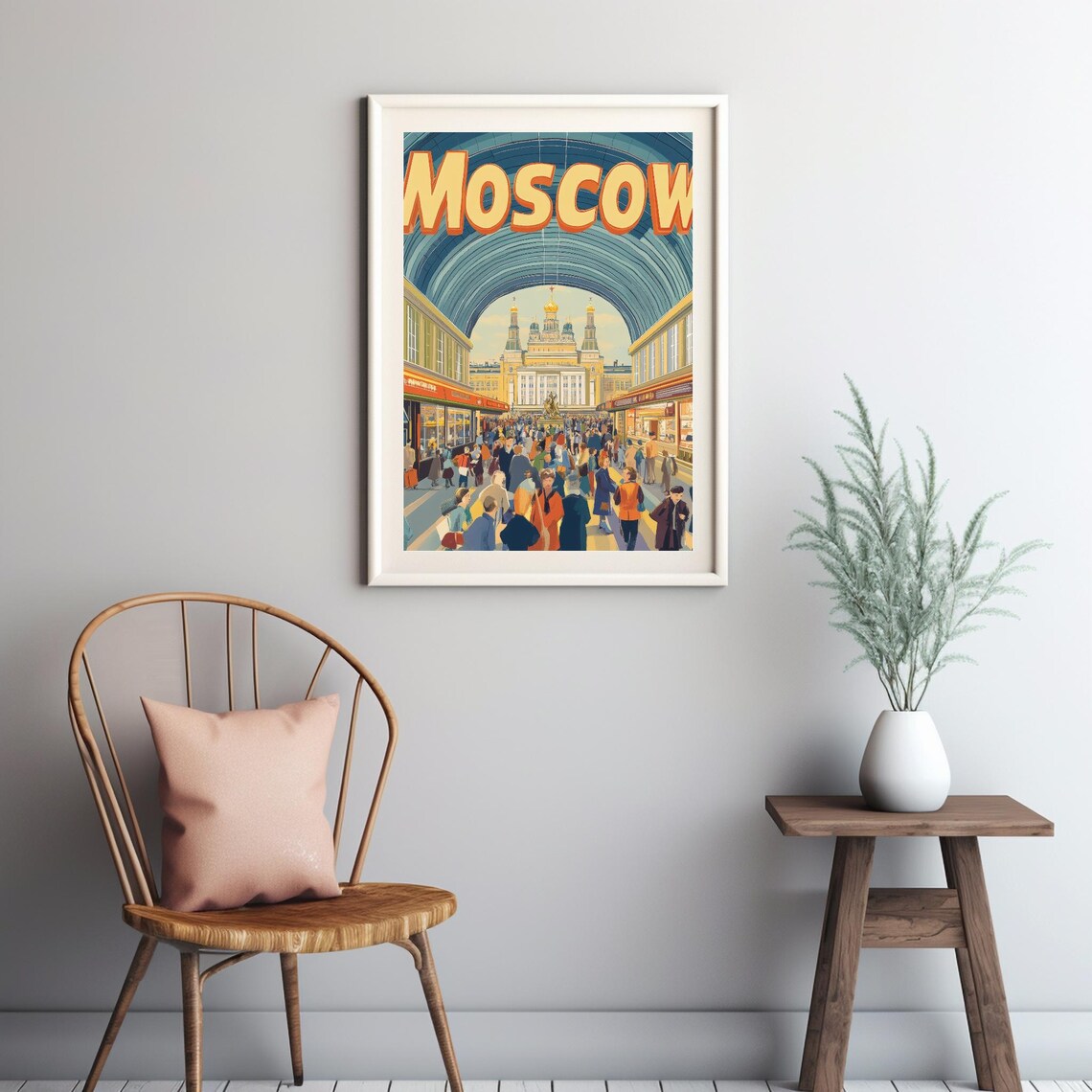 Vibrant Moscow Scene With Bold Moscow Typography Lively Arcade Market Illustration Art Print
