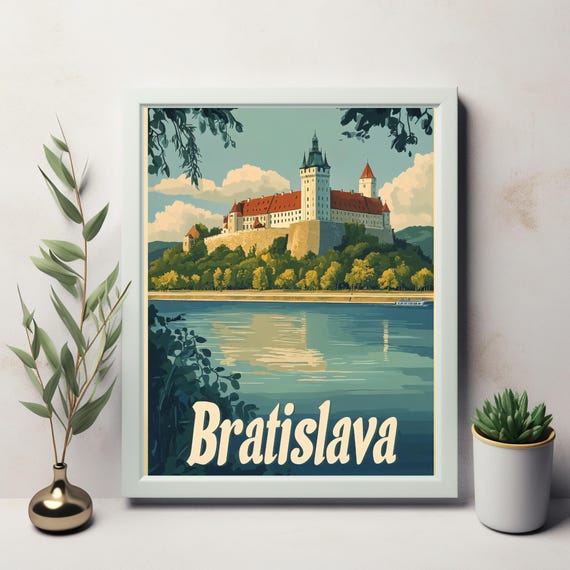 Bratislava Castle Illustration Vintage Style Wall Art Print Scenic River View Art For Instant