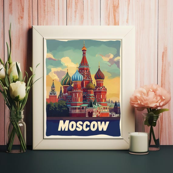 Vibrant St Basils Cathedral Illustration In Moscow Vintage Travel Poster Style Art Print