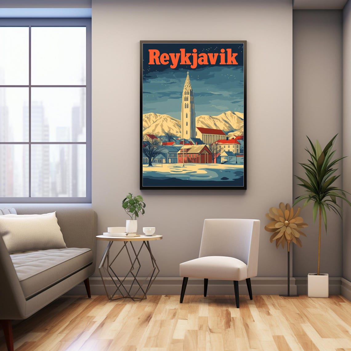 Reykjavik A Vintage Style Illustration Featuring Hallgrmskirkja Against Snowy Mountains Art Print - Image 3