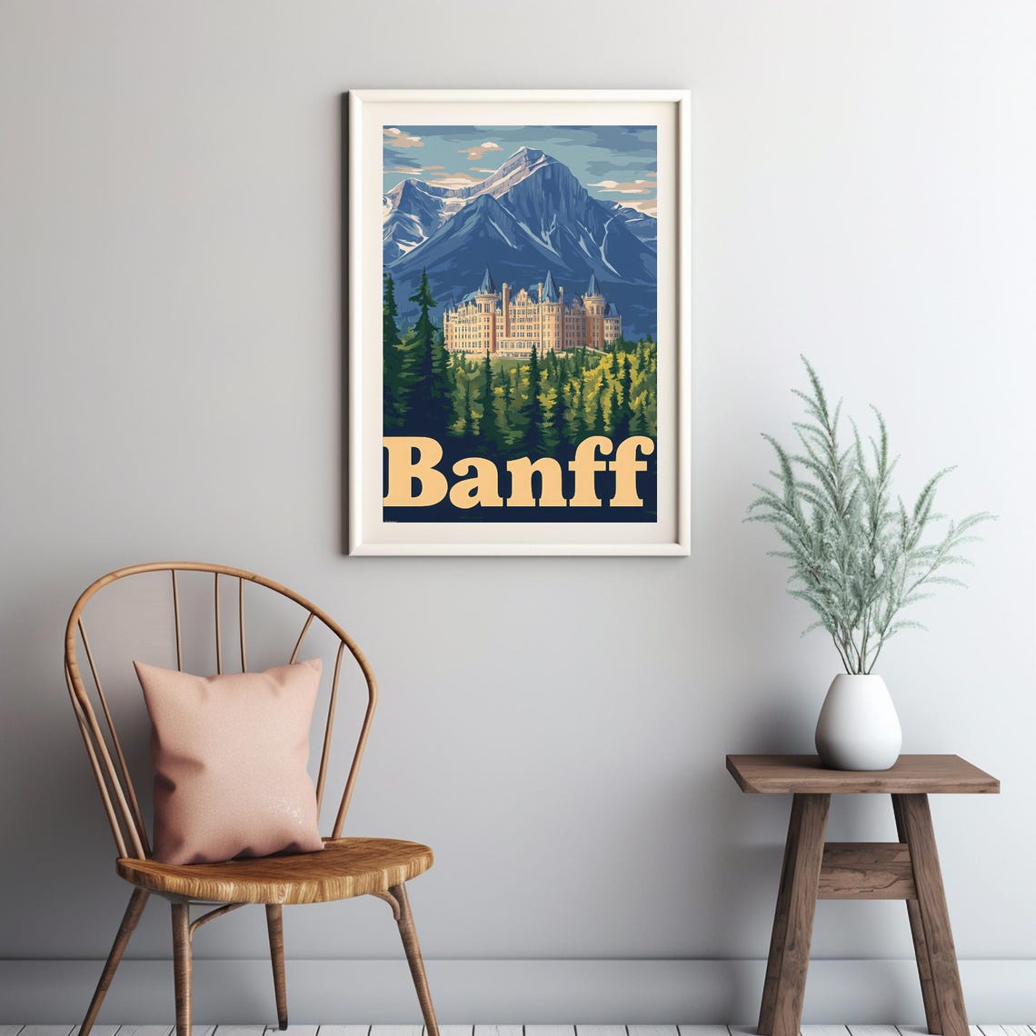 Vintage Inspired Castle Illustration With Majestic Mountains Banff Wall Art For Instant - Image 3